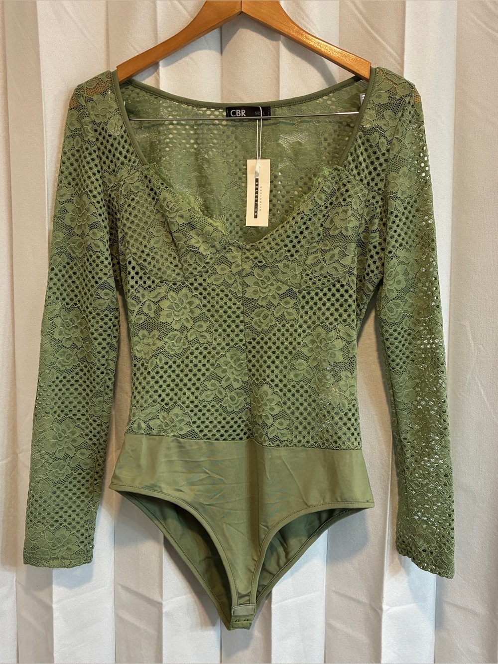 CBR Lace Sexy Bodysuit Long Sleeve V Neck Stretch Sheer Green Festival Large NWT